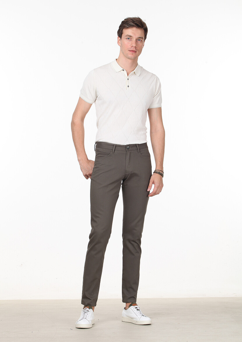 Yeşil Düz Dokuma Slim Fit Casual Pamuk Karışımlı Pantolon - 1
