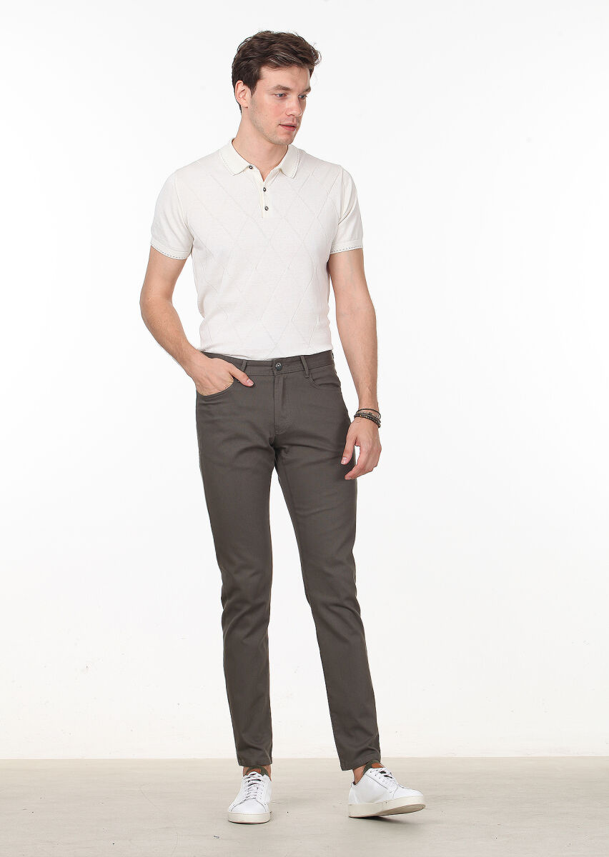 Yeşil Düz Dokuma Slim Fit Casual Pamuk Karışımlı Pantolon - 2