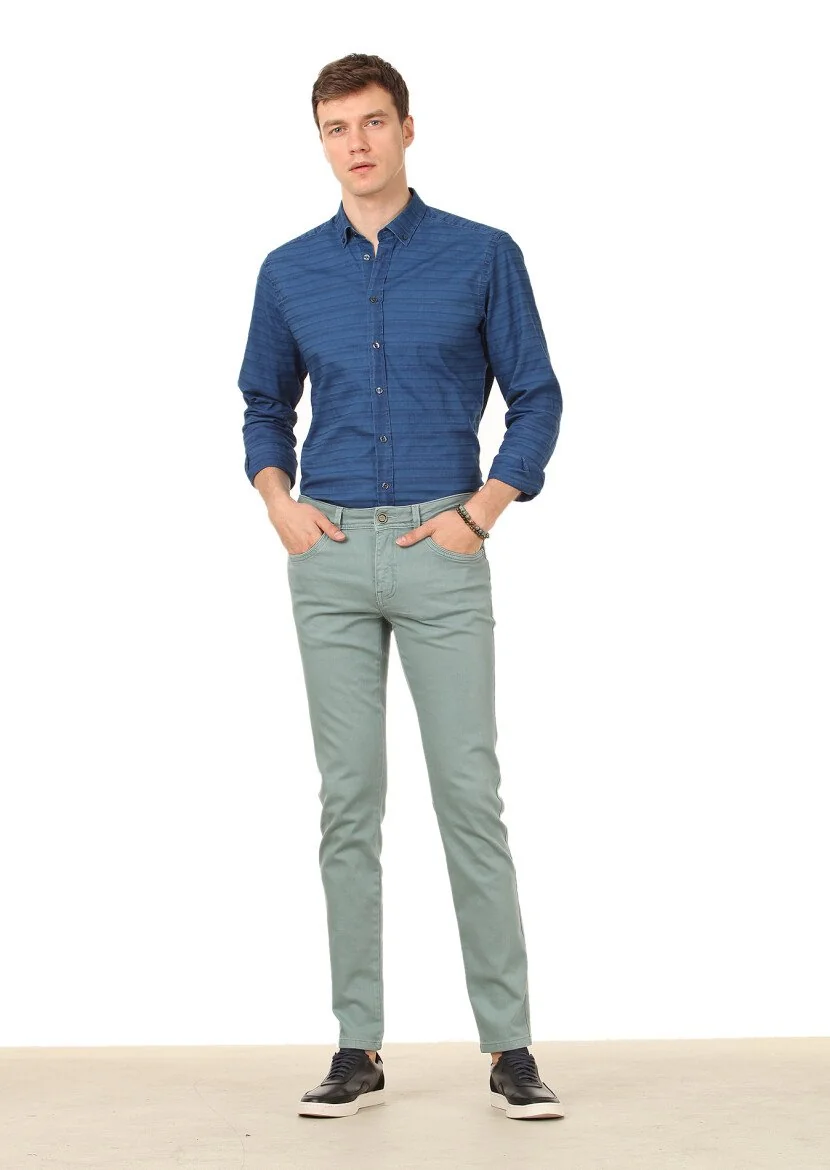 Yeşil Düz Dokuma Slim Fit Casual Pamuk Karışımlı Pantolon 
