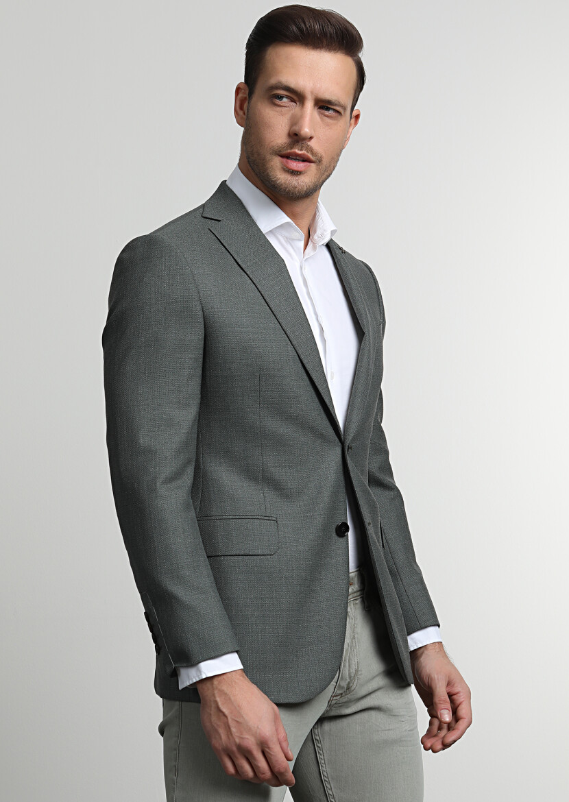 Yeşil Düz Regular Fit %100 Yün Ceket - 1