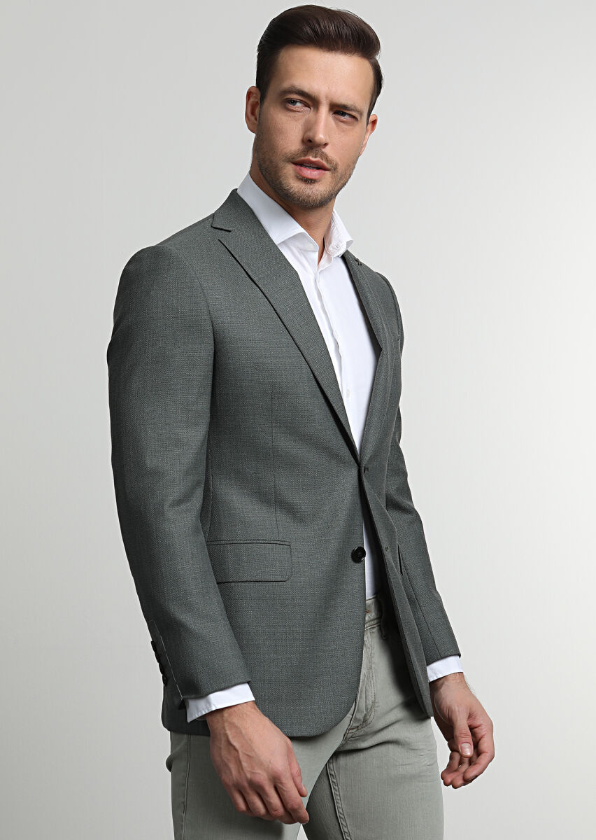 Yeşil Düz Regular Fit %100 Yün Ceket - 1