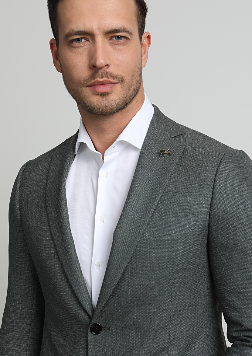 Yeşil Düz Regular Fit %100 Yün Ceket - 2