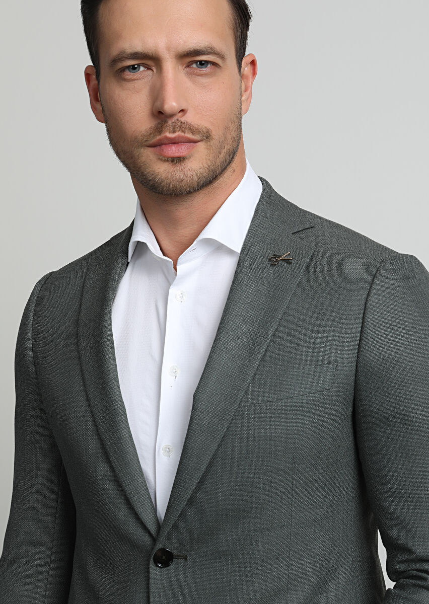 Yeşil Düz Regular Fit %100 Yün Ceket - 2