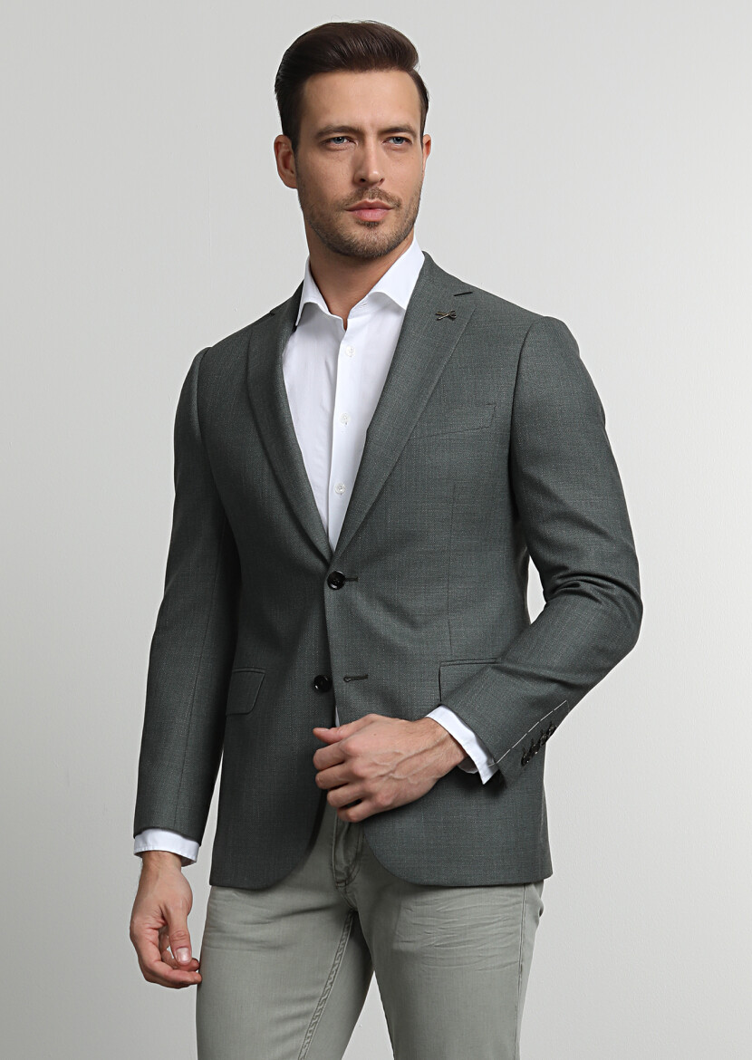 Yeşil Düz Regular Fit %100 Yün Ceket - 3