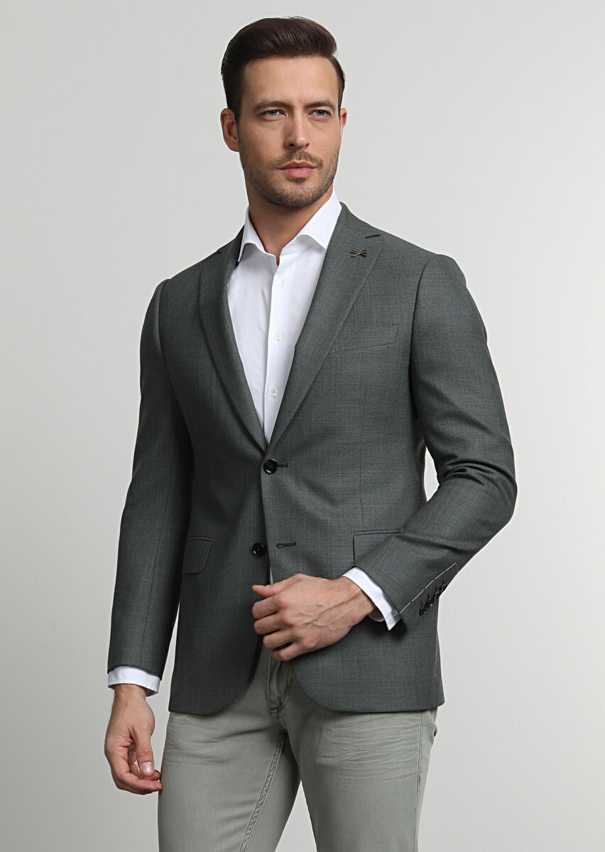 Yeşil Düz Regular Fit %100 Yün Ceket - 3