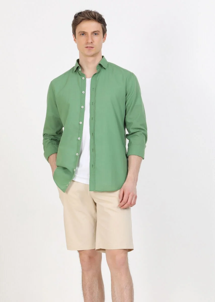 Yeşil Düz Regular Fit Dokuma Casual %100 Pamuk Gömlek - 1