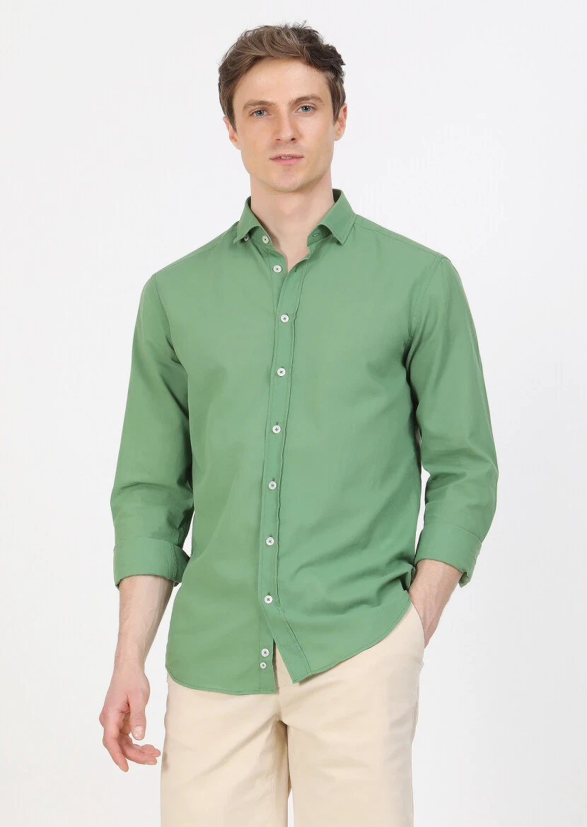 Yeşil Düz Regular Fit Dokuma Casual %100 Pamuk Gömlek - 5