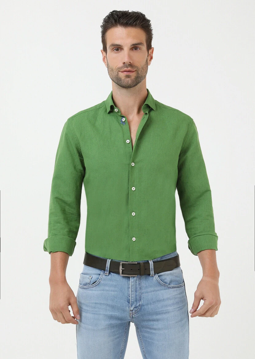 Yeşil Düz Regular Fit Dokuma Casual Pamuk Karışımlı Gömlek 