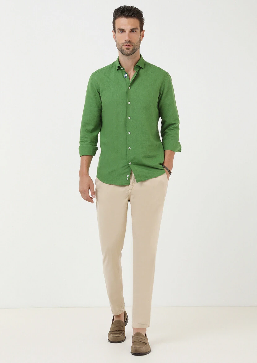 Yeşil Düz Regular Fit Dokuma Casual Pamuk Karışımlı Gömlek - 3