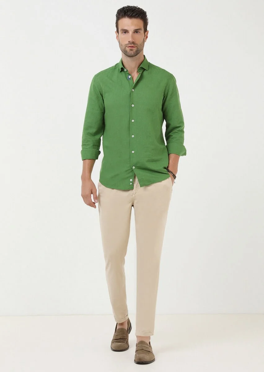 Yeşil Düz Regular Fit Dokuma Casual Pamuk Karışımlı Gömlek - 3