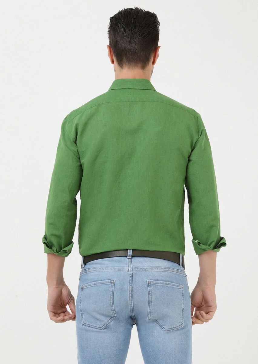 Yeşil Düz Regular Fit Dokuma Casual Pamuk Karışımlı Gömlek - 5