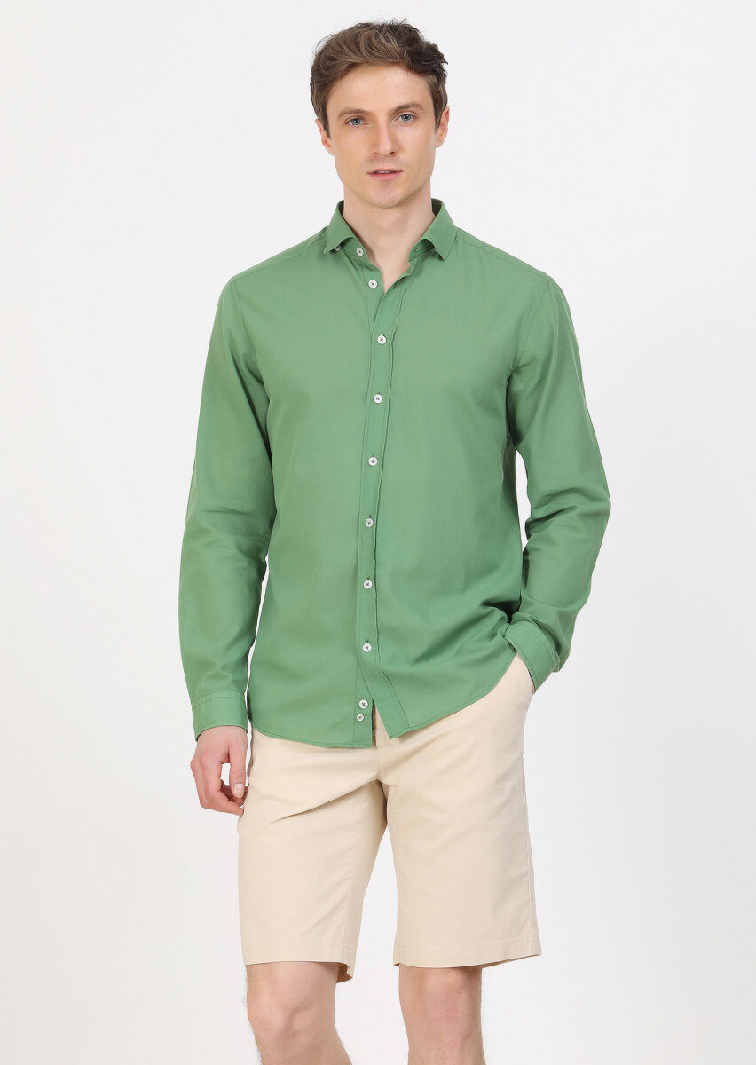 Yeşil Düz Regular Fit Uzun Dokuma Casual %100 Pamuk Gömlek - 2