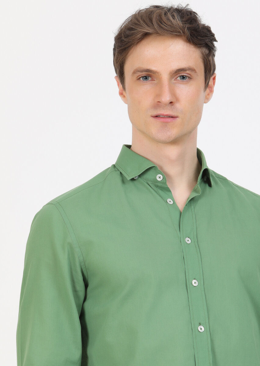 Yeşil Düz Regular Fit Uzun Dokuma Casual %100 Pamuk Gömlek - 3