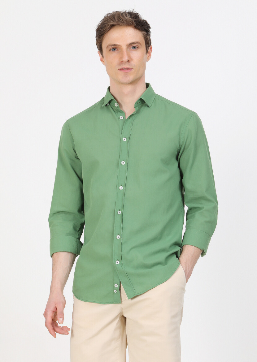 Yeşil Düz Regular Fit Uzun Dokuma Casual %100 Pamuk Gömlek - 5