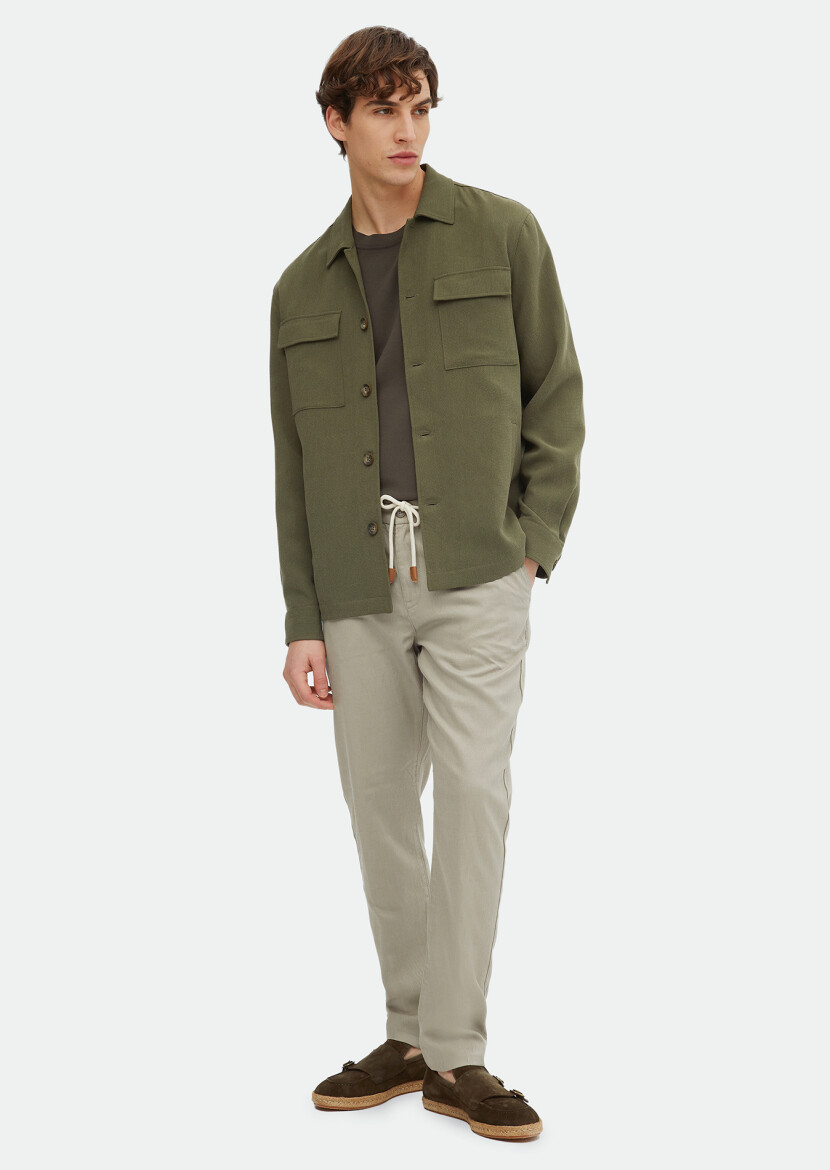 Yeşil Düz Regular Fit Uzun Dokuma Overshırt - 2