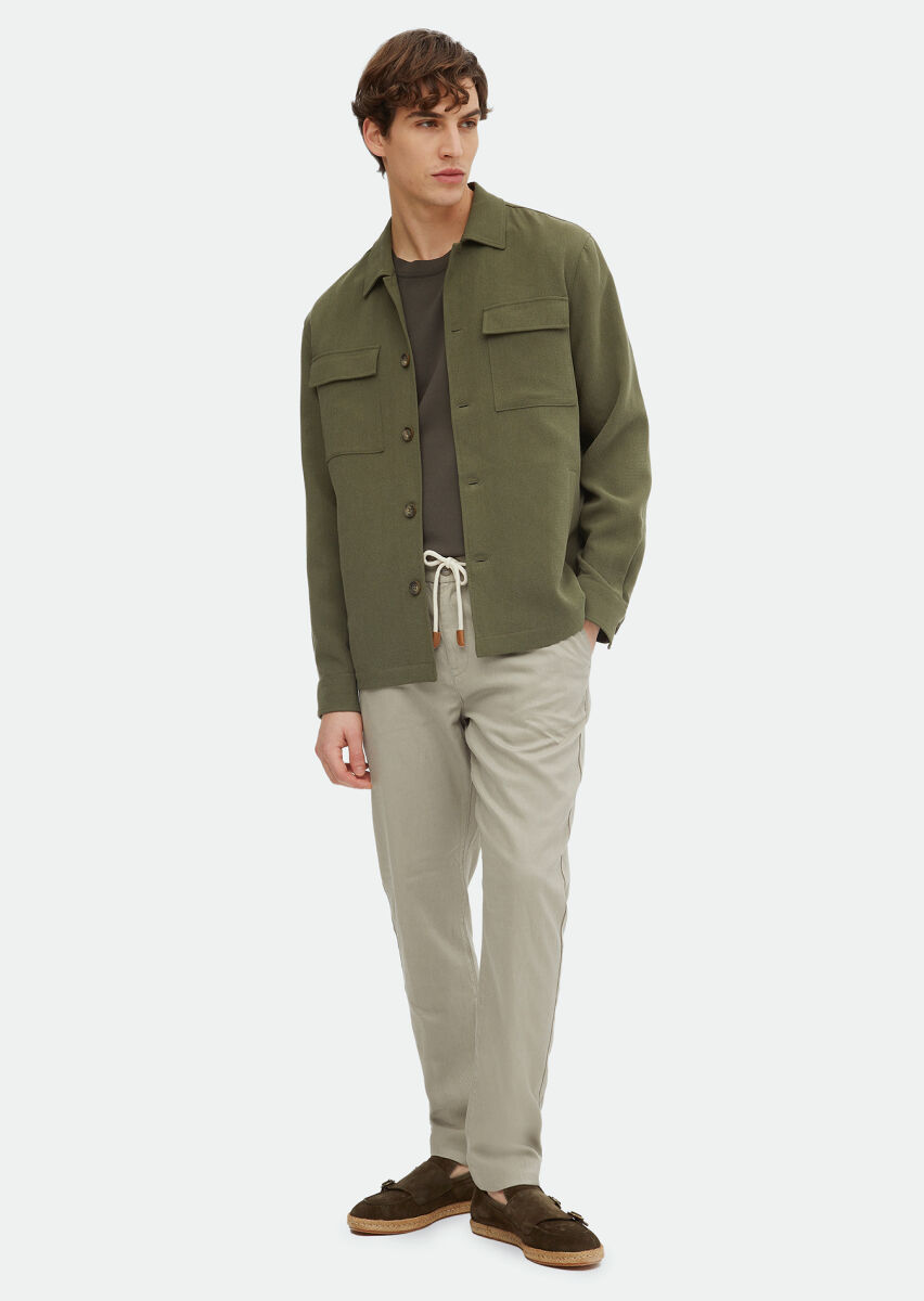 Yeşil Düz Regular Fit Uzun Dokuma Overshırt - 2