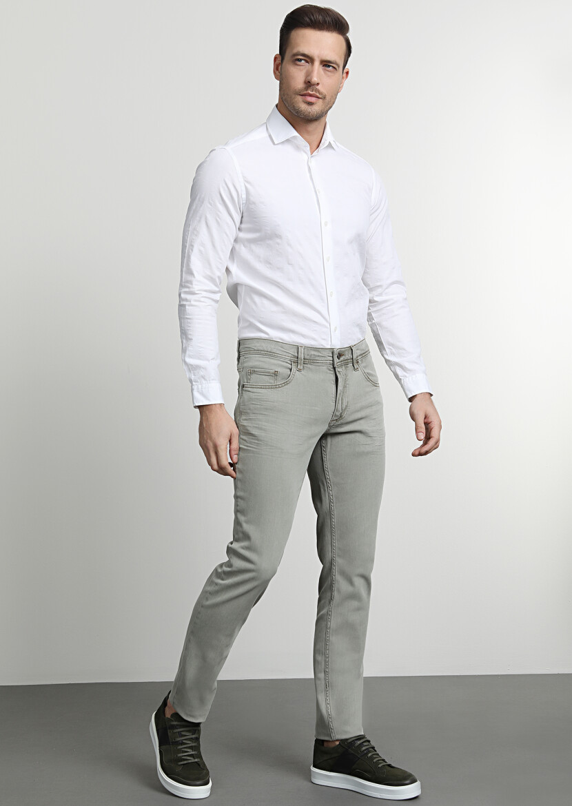 Yeşil Düz Slim Fit Denim Pamuk Karışımlı Pantolon - 1
