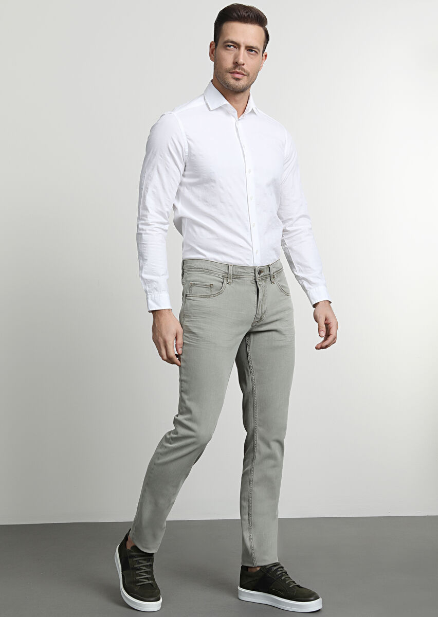 Yeşil Düz Slim Fit Denim Pamuk Karışımlı Pantolon - 1
