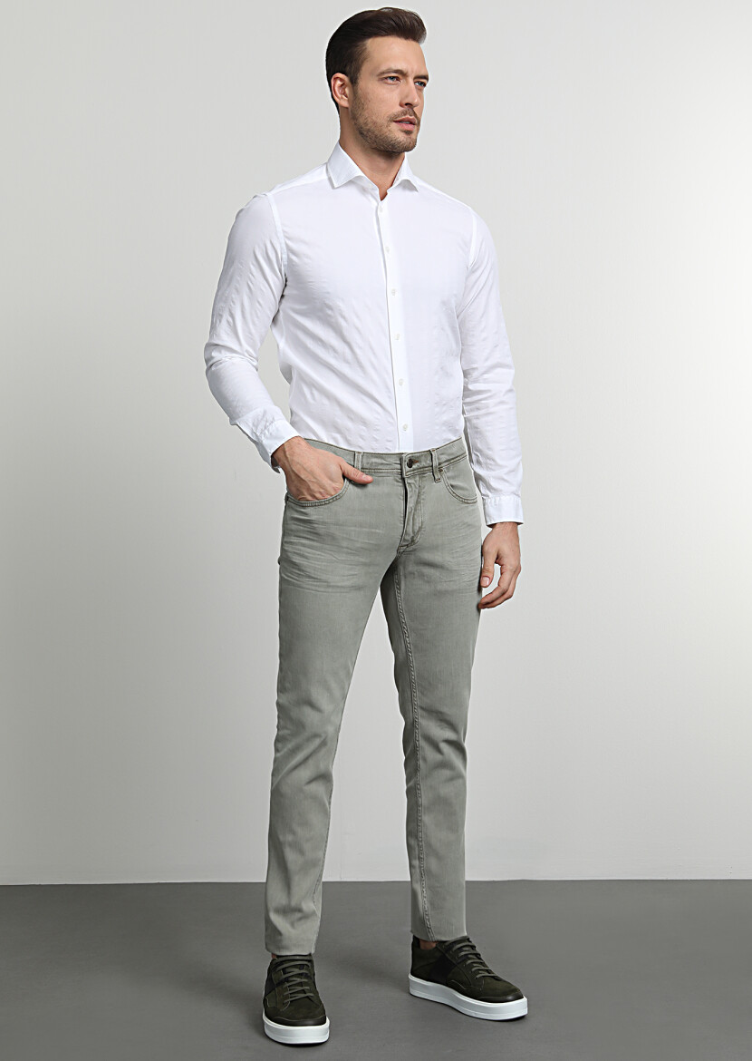 Yeşil Düz Slim Fit Denim Pamuk Karışımlı Pantolon - 3