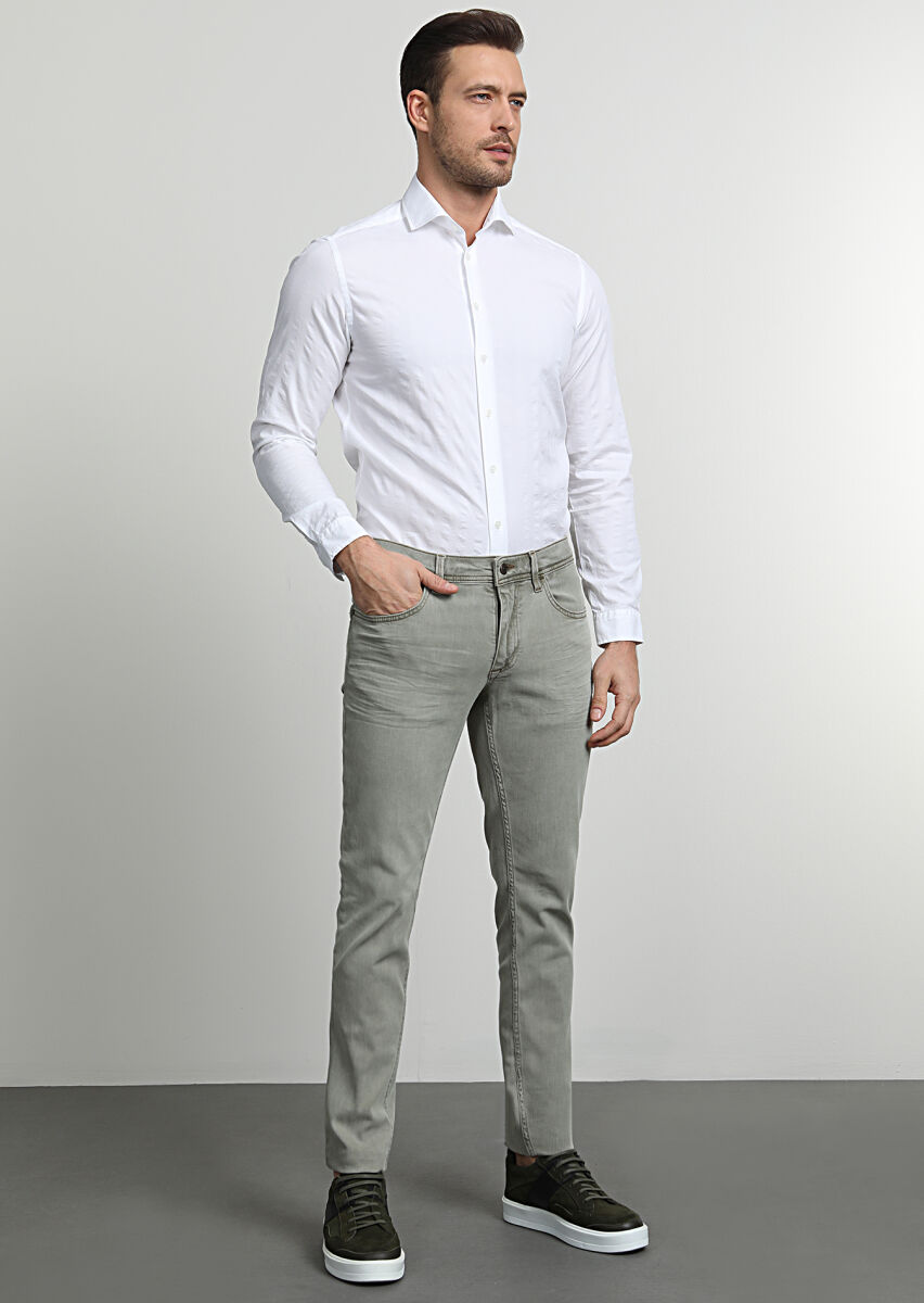 Yeşil Düz Slim Fit Denim Pamuk Karışımlı Pantolon - 3