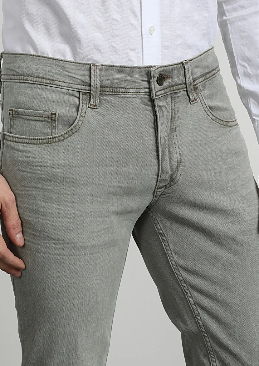 Yeşil Düz Slim Fit Denim Pamuk Karışımlı Pantolon 