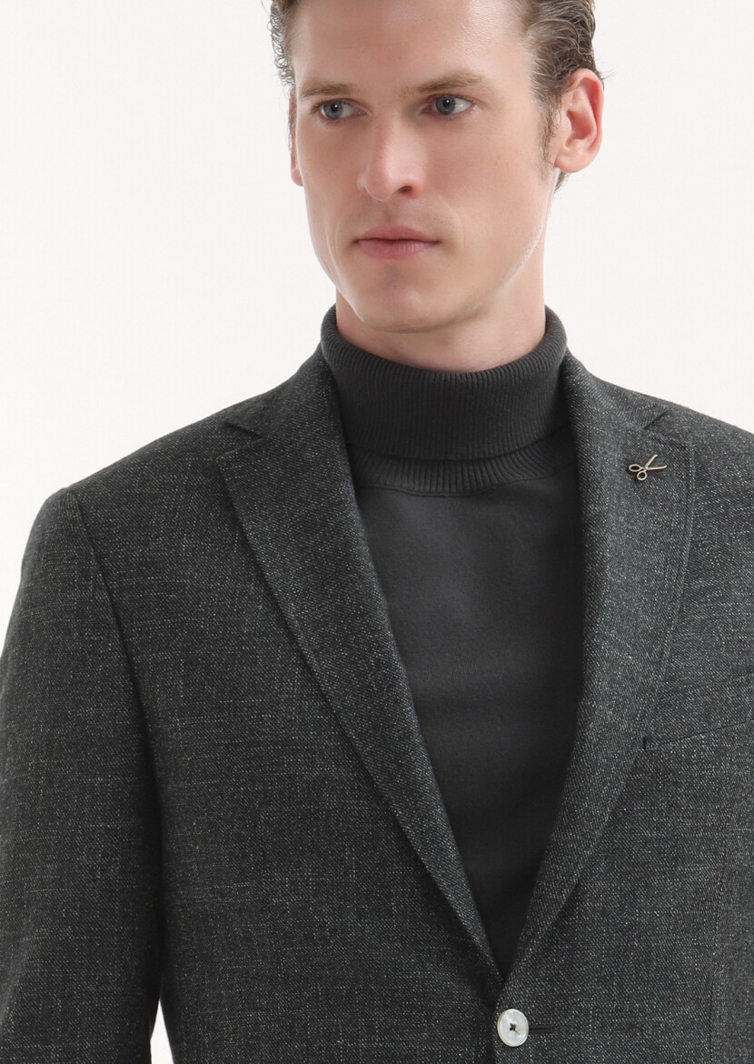 Yeşil Düz Zeroweight Slim Fit İpek Karışımlı Ceket - 3