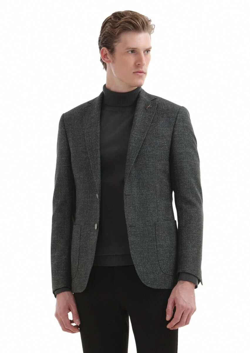 Yeşil Düz Zeroweight Slim Fit İpek Karışımlı Ceket - 2