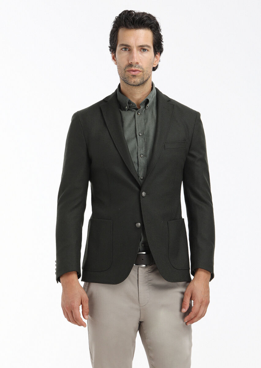 Yeşil Düz Zeroweight Slim Fit Yün Karışımlı Ceket - 2