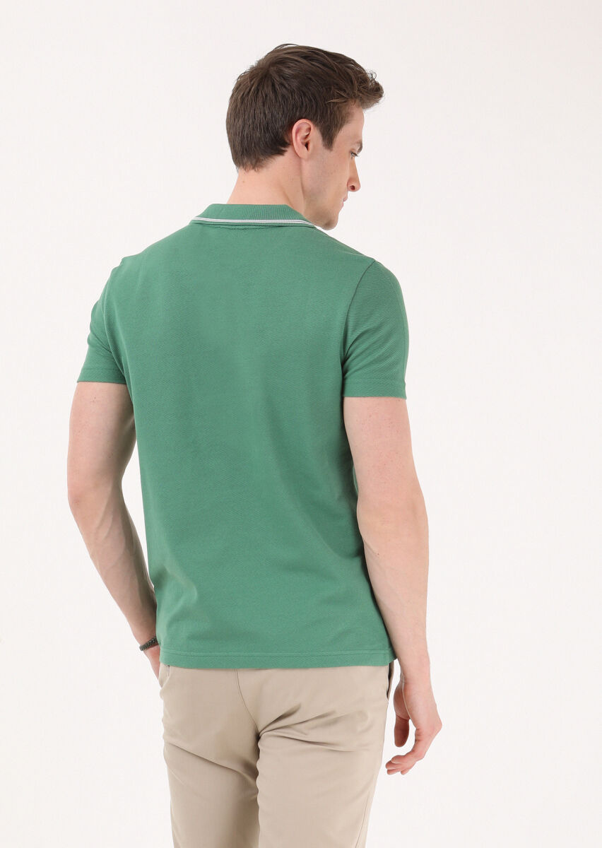 Yeşil Jakarlı Polo Yaka %100 Pamuk T-Shirt - 5