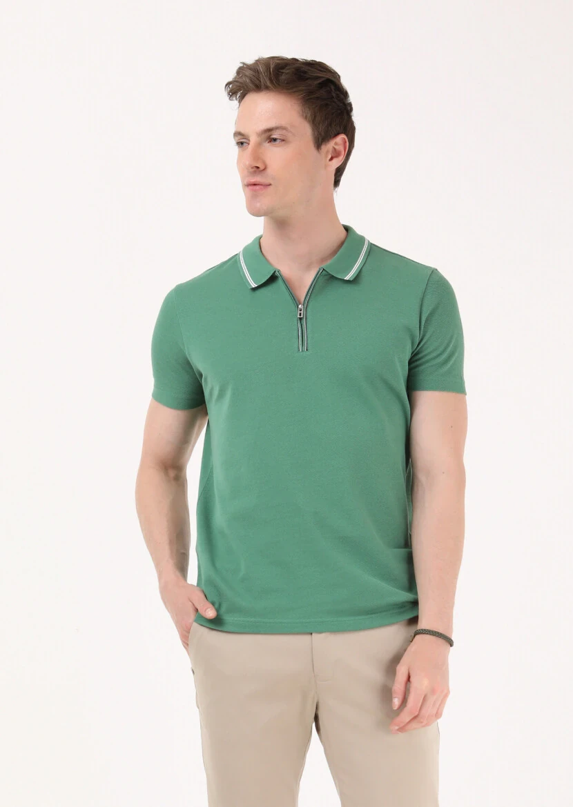 Yeşil Jakarlı Polo Yaka %100 Pamuk T-Shirt - 1