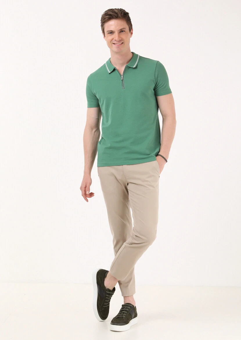 Yeşil Jakarlı Polo Yaka %100 Pamuk T-Shirt 