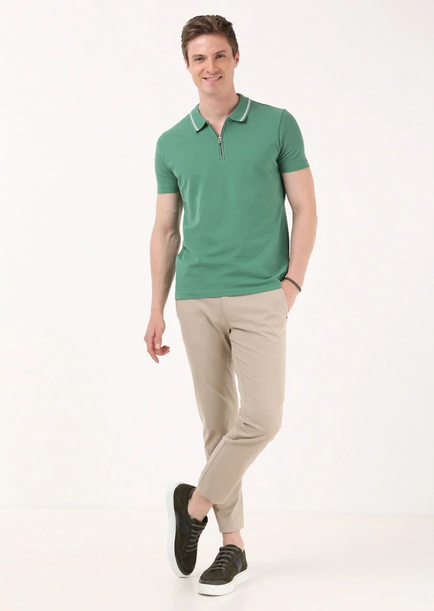 Yeşil Jakarlı Polo Yaka %100 Pamuk T-Shirt - 2
