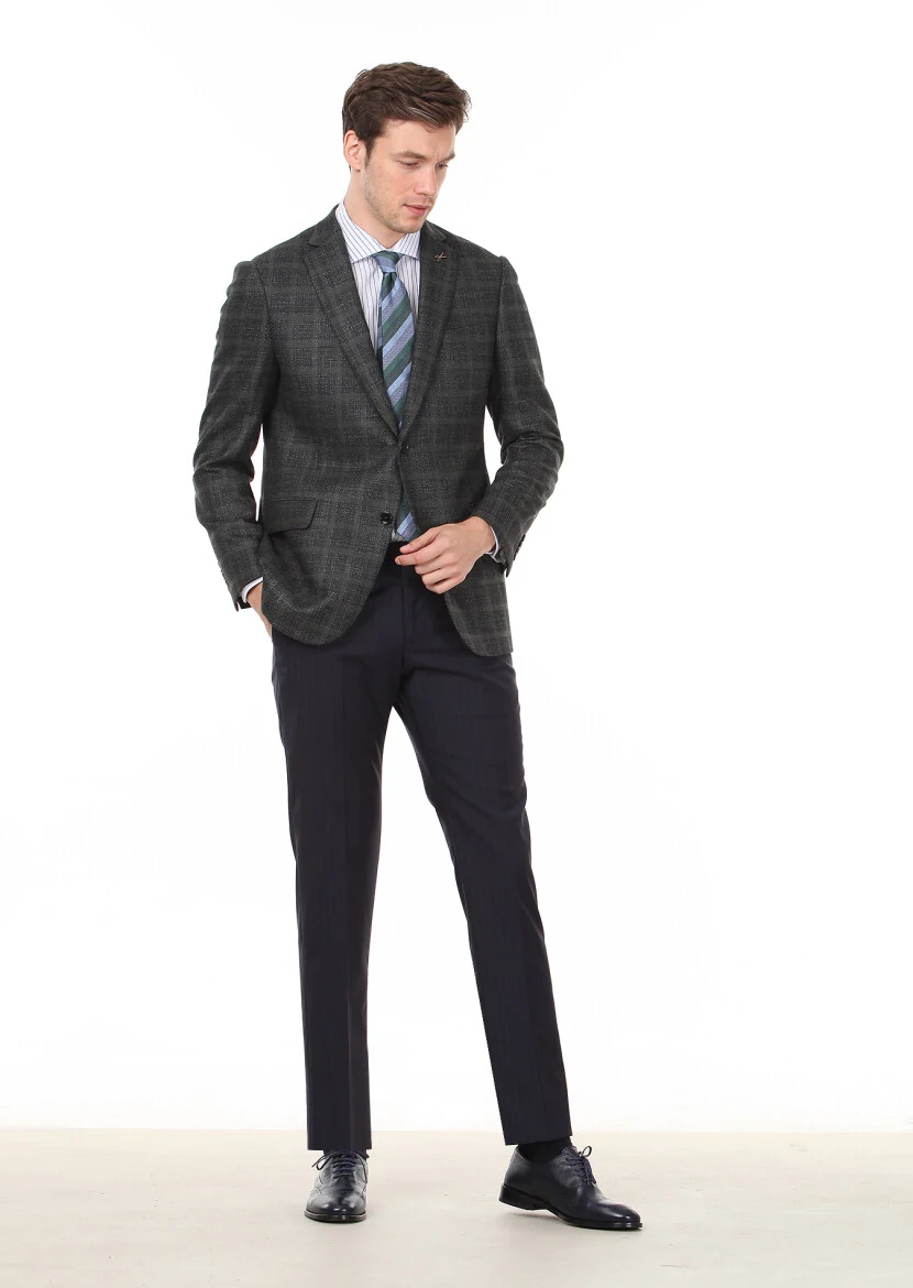 Yeşil Kareli Regular Fit İpek Karışımlı Ceket - 4