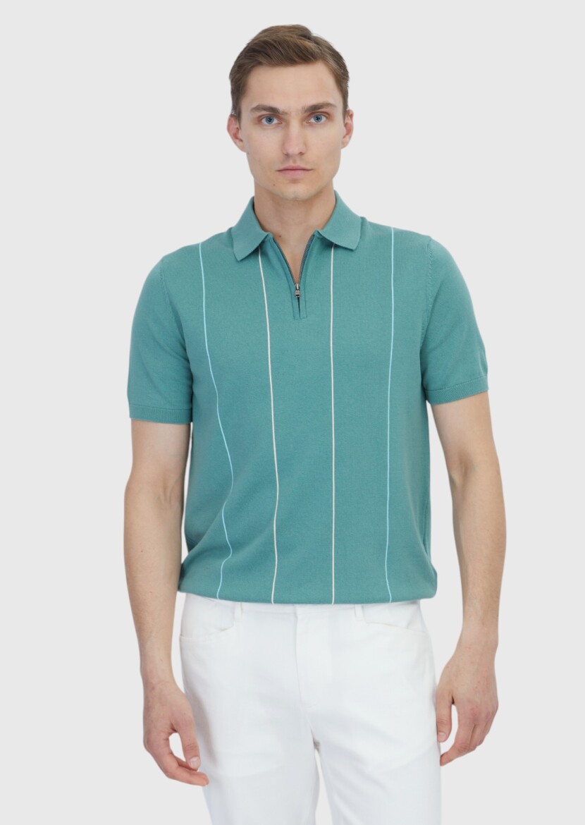 Yeşil Polo Yaka Çizgili Pamuk Karışımlı Triko - RAMSEY