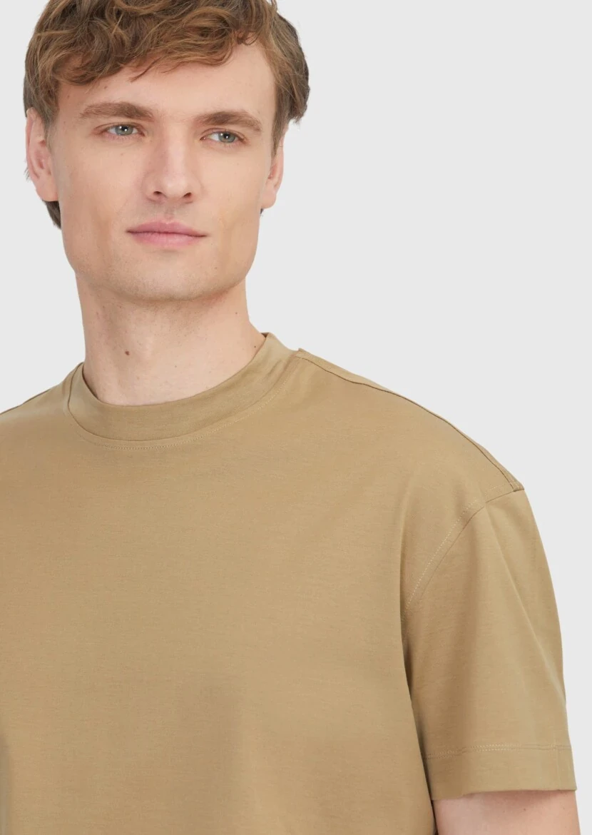 Zeytin Yeşili Düz Bisiklet Yaka %100 Pamuk T-Shirt - 4