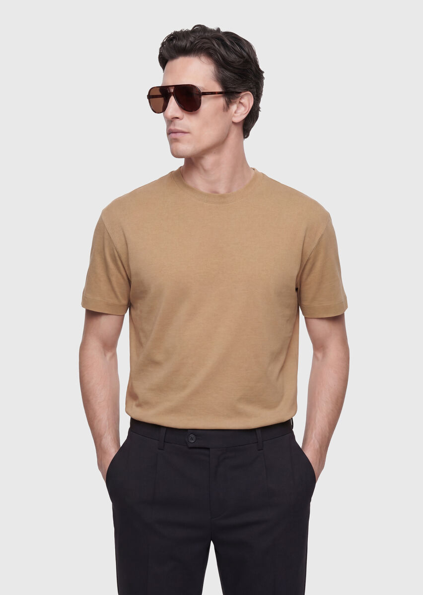 Zeytin Yeşili Düz Bisiklet Yaka %100 Pamuk T-Shirt - 3