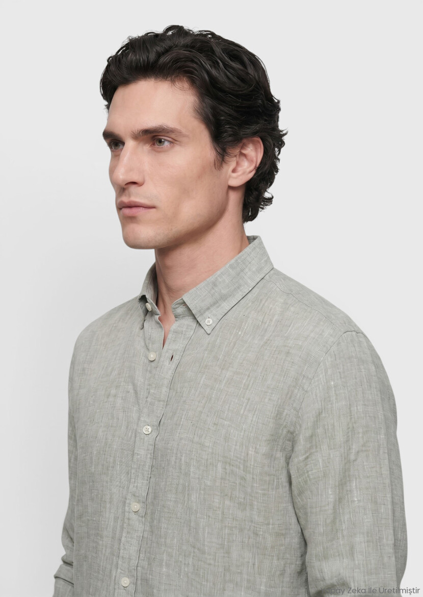 Zeytin Yeşili Düz Casual Fit Uzun Dokuma Casual %100 Keten Gömlek - RAMSEY