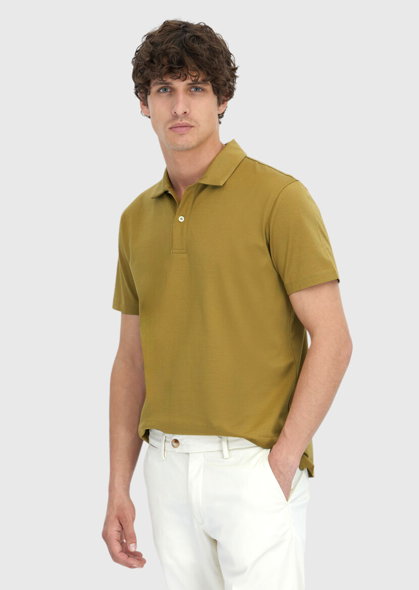 Zeytin Yeşili Düz Polo Yaka %100 Pamuk T-Shirt 