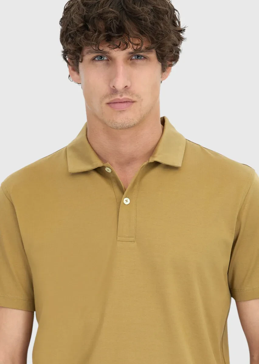 Zeytin Yeşili Düz Polo Yaka %100 Pamuk T-Shirt - 3