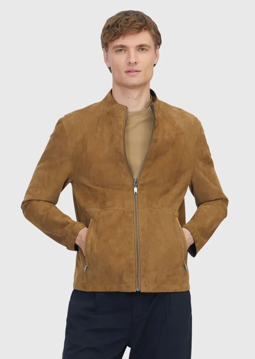 Zeytin Yeşili Regular Fit Dik Yaka Casual Deri Mont - 1