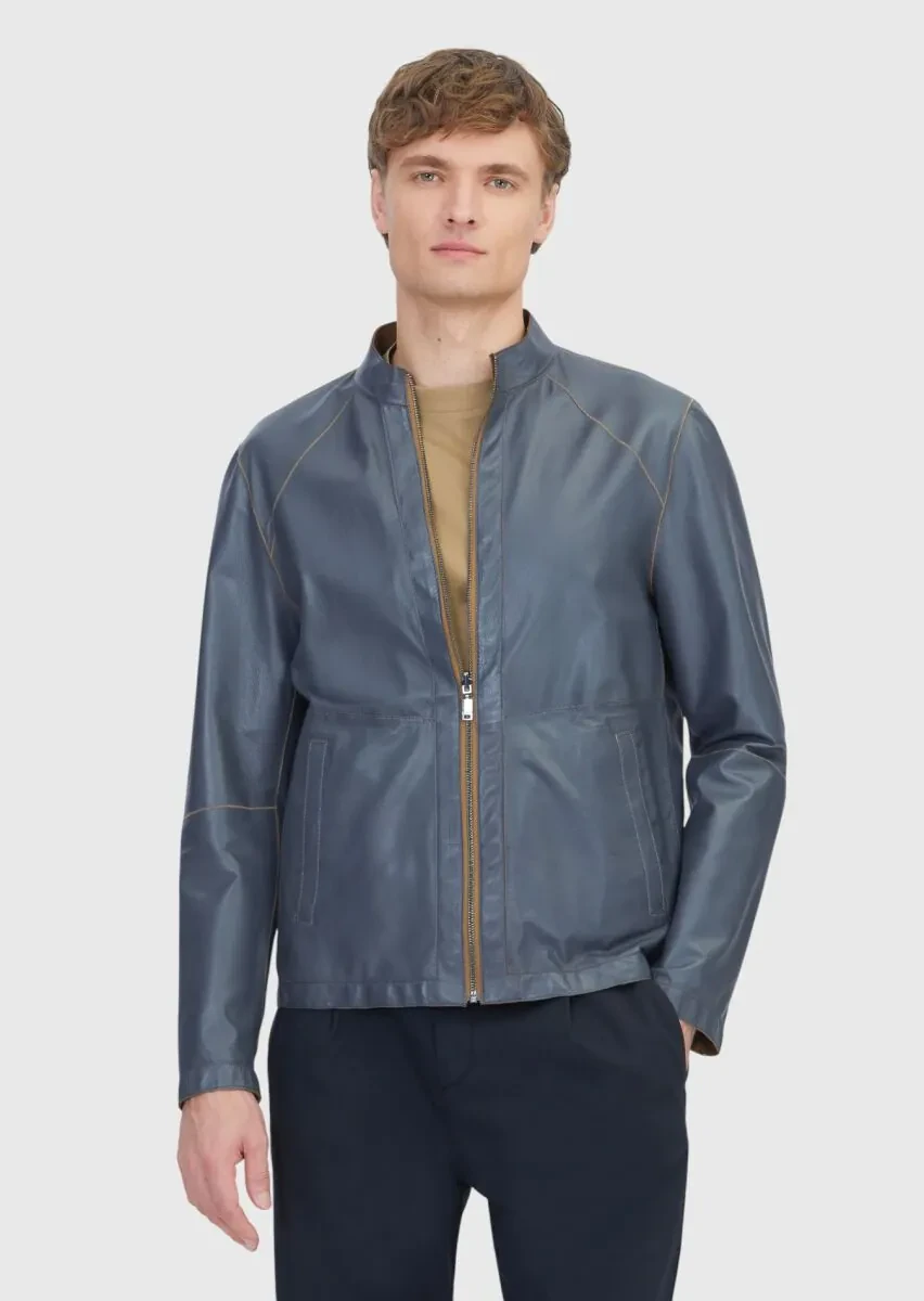 Zeytin Yeşili Regular Fit Dik Yaka Casual Deri Mont - 2