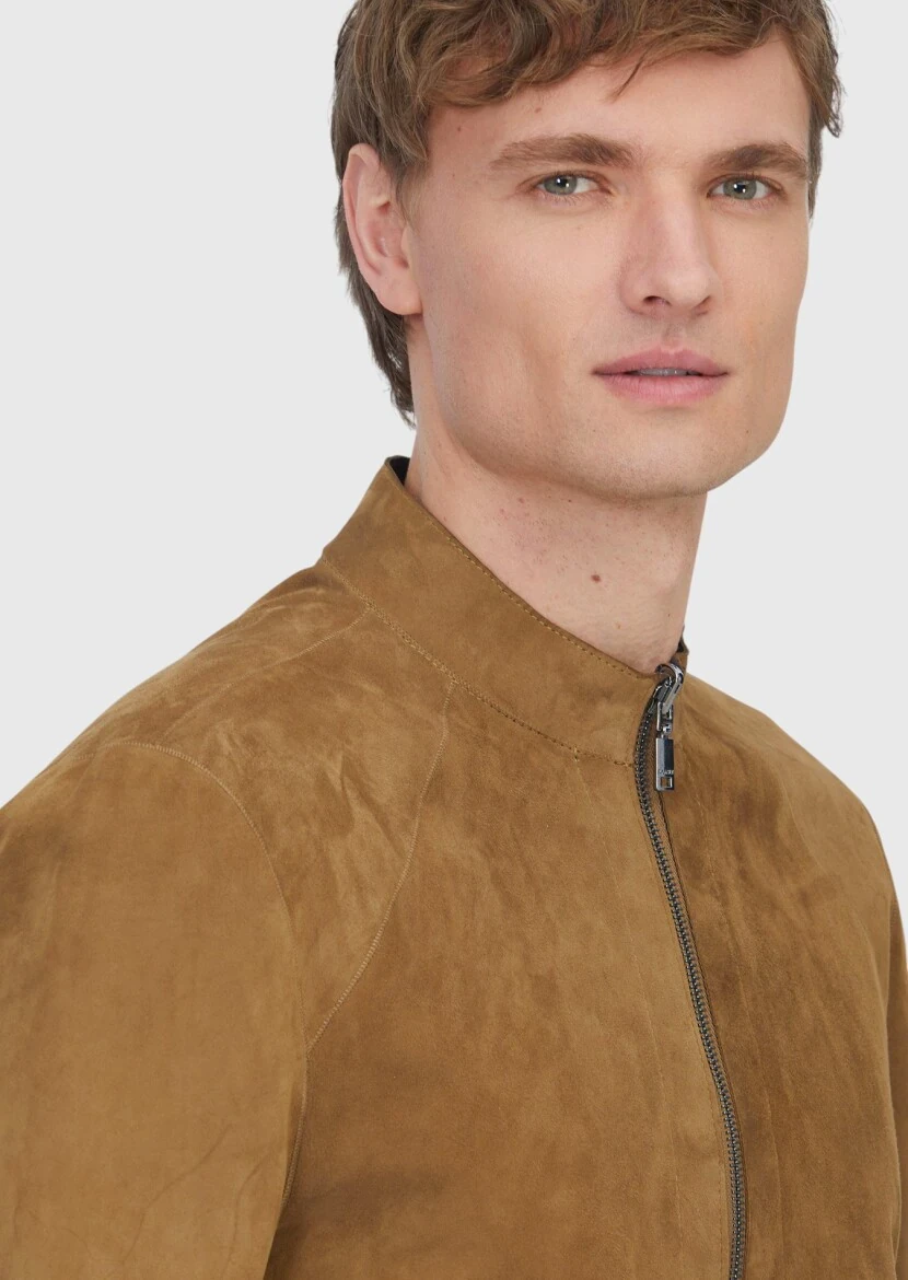 Zeytin Yeşili Regular Fit Dik Yaka Casual Deri Mont - 4