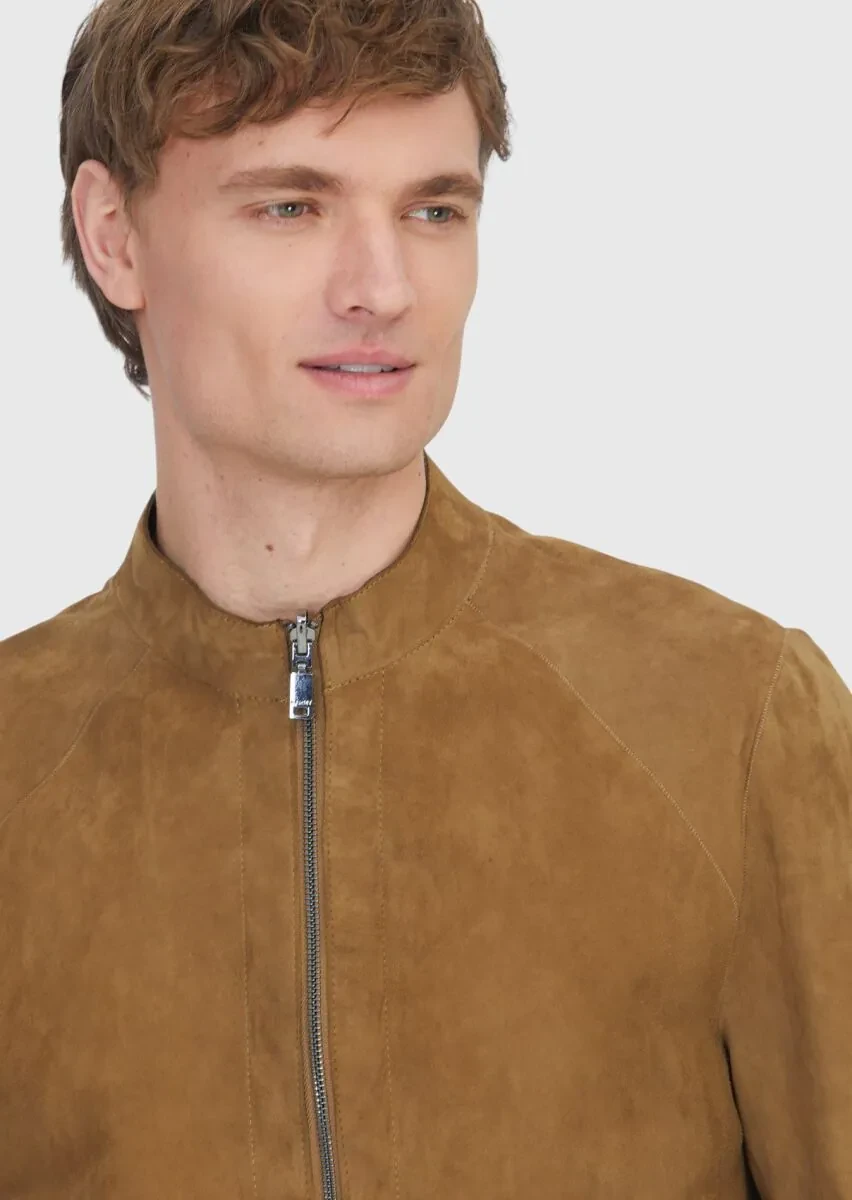 Zeytin Yeşili Regular Fit Dik Yaka Casual Deri Mont - 5