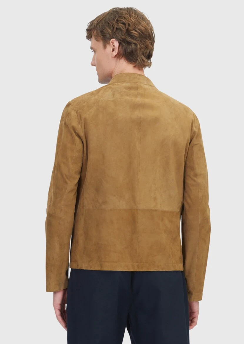 Zeytin Yeşili Regular Fit Dik Yaka Casual Deri Mont - 6